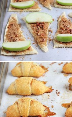 apple slices and cinnamon croissants are on a baking sheet with some other pastries