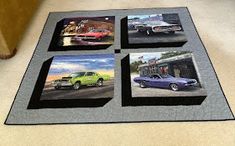 a rug with pictures of cars on it