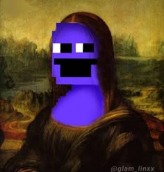 a painting with a blue face in the middle of it and an image of a woman's head