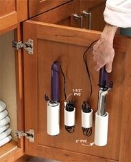 a person is holding two different tools in their kitchen cabinet