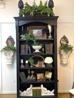 a black bookcase filled with lots of books and potted plants on top of it