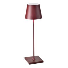 a red lamp with a wooden base on a white background, it appears to be in the shape of a floor lamp