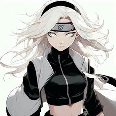 an anime character with long white hair wearing black and grey clothes, holding her hands on her hips