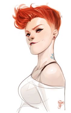 a drawing of a woman with red hair and piercings on her head, looking to the side