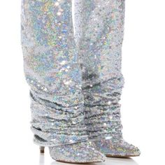 The Azalea Wang " Lifes Best Embellishments " Sequin Boot In Silver Is Made From An Iridescent Sequin-Embellished Metallic Upper And Features A Pointed Toe Silhouette, A Mid-Calf Height Shaft, A Covered Stiletto Heel, And A Slip-On Fit. - Sequin Mesh Upper - Pointed Toe - Covered Stiletto Heel - 12.25” Shaft Height - 4.25” Heel Height - Imported Beyonce Concert Outfit, Fold Over Boots, Sequin Boots, Glitter Boots, Azalea Wang, Silver Bling, Size 11 Heels, Boots Fall, Girls Boots