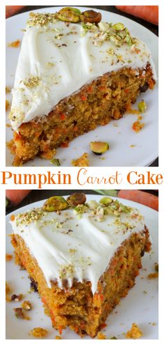 two pictures of carrot cake with cream cheese frosting