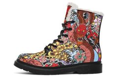 Japanese Inspiration Dragon Printed Boots, Comfy Boots, Comfy Boot, Boot Print, Winter Adventure, Dr. Martens Boots, Boots Black, Weather Conditions, Winter Boot