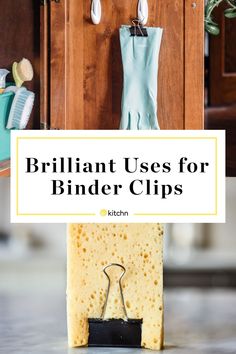 the words brilliant uses for binder clips are shown in front of a wooden cabinet