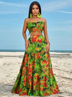 Olive Green Boho Collar   Floral,Tropical,Plants,All Over Print  Embellished Non-Stretch  Women Clothing Havana Nights Party Attire Women Dress, Havana Nights Outfit Women, Cuba Outfits, Cuba Outfit, Beach Attire For Women, Sequence Gown, Caribbean Fashion, Side Twist, Tropical Bridal