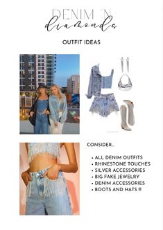 Denim And Diamonds Bachelorette Outfit, Denim And Diamonds Bride Outfit, Denim And Diamonds Aesthetic, Bachelorette Denim Theme, Denim And Bling Outfits, Diamonds Bachelorette, Denim And Diamonds Party Outfit, Outfit Themes, All Denim Outfits