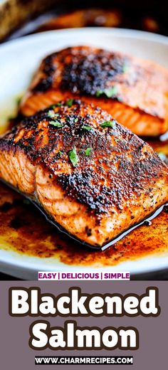 grilled salmon on a white plate with text overlay