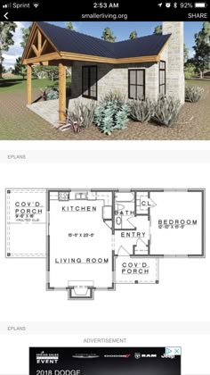 the floor plan for a small house with an attached porch