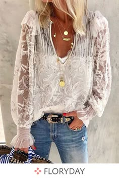 Solid V-neckline long sleeve blouses, lace blouses, sweet, fashion. Buy Blouse, Fest Outfits, Mode Hippie, Lace Blouse Long Sleeve, Women Blouses Fashion, Mode Boho, Lace Neckline