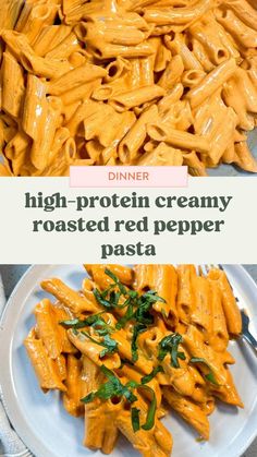 two plates filled with pasta on top of a white plate and the words high - protein creamy roasted red pepper pasta