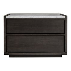 a black and white nightstand with two drawers on top of each side, one drawer open to the other