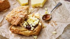 scones with chocolate sauce and butter on top