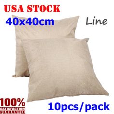 two beige pillows sitting next to each other on top of a white background with the words usa stock 40x40cm line 10 pcs / pack