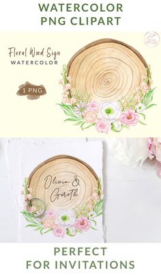 two wood slices with flowers on them and the words watercolor png clipart