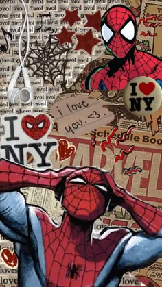 a collage of spider - man with i love ny stickers on his face