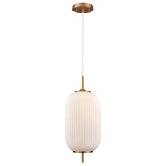 a white and gold pendant light hanging from a ceiling