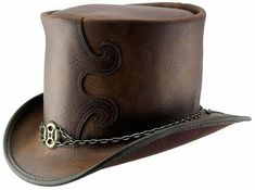 Luxury Brown Leather Top Hat, Brown Classic Luxury Top Hat, Luxury Fitted Brown Top Hat, Luxury Brown Classic Top Hat, Luxury Classic Brown Top Hat, Steampunk Leather Brimmed Hat Bands, Steampunk Leather Hat Band With Short Brim, Brown Leather Steampunk Hat, Steampunk Brown Leather Hat