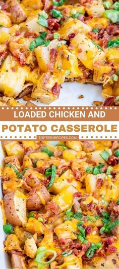 loaded chicken and potato casserole in a white baking dish with one slice taken out