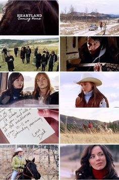 the collage shows people and horses in different scenes, including one with a note on it