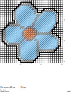 a blue flower with an orange center is shown in the middle of a cross stitch pattern