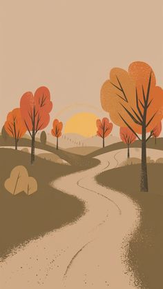 an illustration of a dirt road with trees on both sides