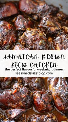 jamaican brown stew in a slow cooker with text overlay