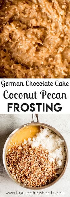 german chocolate cake with coconut pecan frosting in a pan and on the side