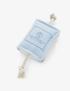 a blue towel with a rope attached to it and a tag on the front of it