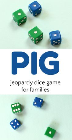 a group of blue and green dice sitting on top of each other next to the words pig