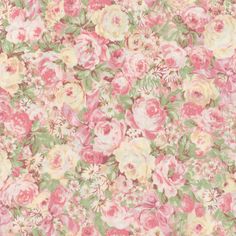 pink and yellow flowers are on the wallpaper in this floral print fabric, which is very