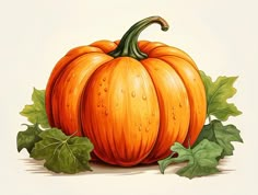 a drawing of a pumpkin with leaves around it