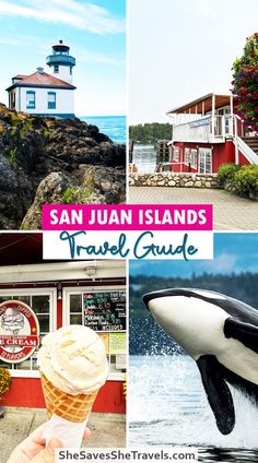 the san juan islands travel guide is featured in this collage with images of buildings and an orca whale