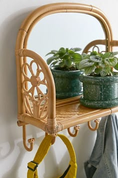 a shelf with two potted plants on it and a yellow purse hanging from the wall