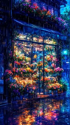 a painting of a store front with flowers in the window and rain falling on it