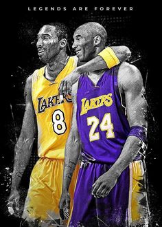 two basketball players in purple and yellow uniforms standing next to each other with their arms around one another