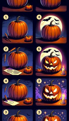 instructions for how to carve a pumpkin in the dark night with full moon behind it