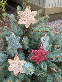 some ornaments are hanging from a christmas tree