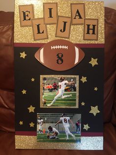 a football themed photo frame with the number eight on it