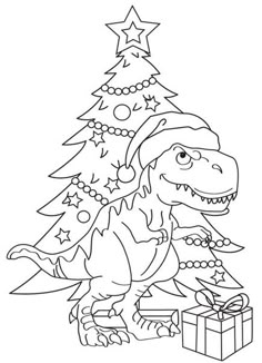 a dinosaur with a christmas tree and presents in front of it, coloring pages for kids