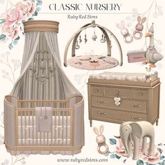 a baby's nursery room with furniture and accessories