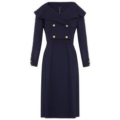 This chic late 1950s or 1960s navy silk crepe dress suit with brass naval-style buttons is from American label Mr Mort and is in impeccable vintage condition. The double-breasted cropped jacket features four gold gilt buttons, a stylish sailor collar and full-length sleeves, each with two matching buttons to embellish the cuff. The accompanying dress has a simple, elegant line, with a gentle scoop neckline and cap sleeves. The bodice is neatly tailored to accentuate the bust cinching neatly at t Queen Diana, Suits Outfits, Black Skirt Suit, Suit Outfit, Blue Long Sleeve Dress, Jacket Suit, Dress And Jacket, Skirt And Top Set, Vintage Suits