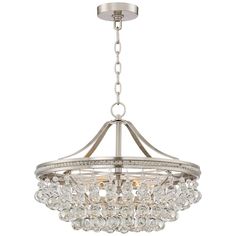 a chrome chandelier with crystal drops hanging from it's center point, on an isolated white background