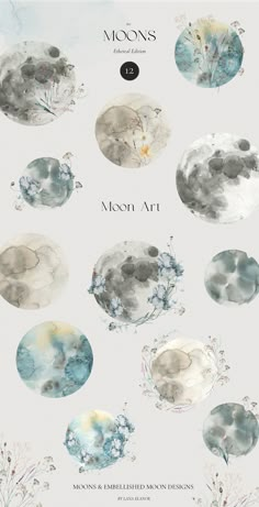 the moon's phases are depicted in this watercolor painting style poster, which includes different colors and shapes