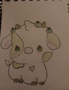 a drawing of a little pig with apples on its head and ears in the shape of a heart