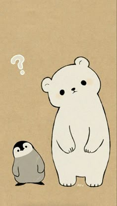 an image of a bear and penguin with question mark above it's head on a brown background