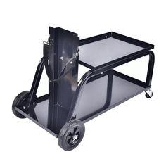 a black cart with two wheels and a glass shelf on the front, side view